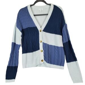 Olivia Sky Grandmacore Sweater L Blue Chunky Mixed Media Knit Cozy Cardigan